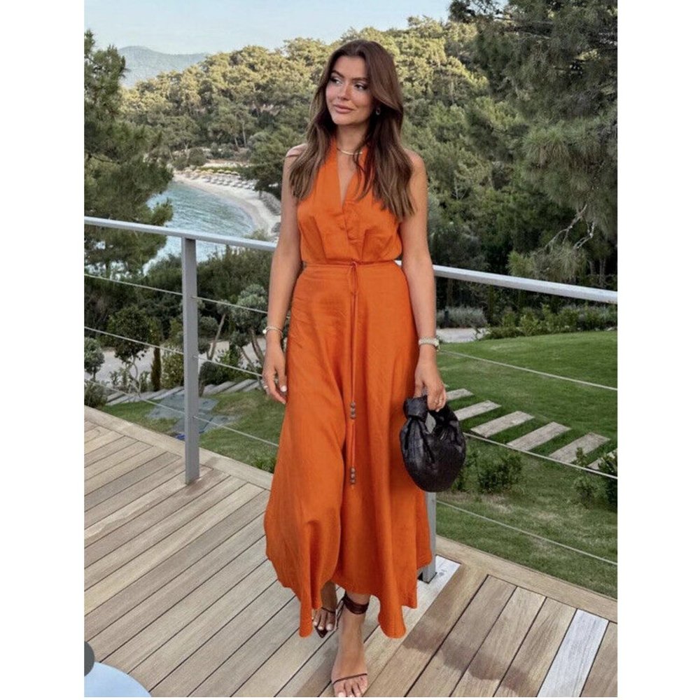 ZARA NWT WOMAN LINEN BLEND MIDI DRESS DARK ORANGE |  ALL SIZES